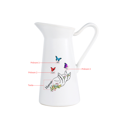 À Maman/Mamie - Vase Personnalisé 2-8 Prénoms avec 1 Texte Vase Forme Pichet et Papillonen Céramique (sans fleurs) | Jessemade