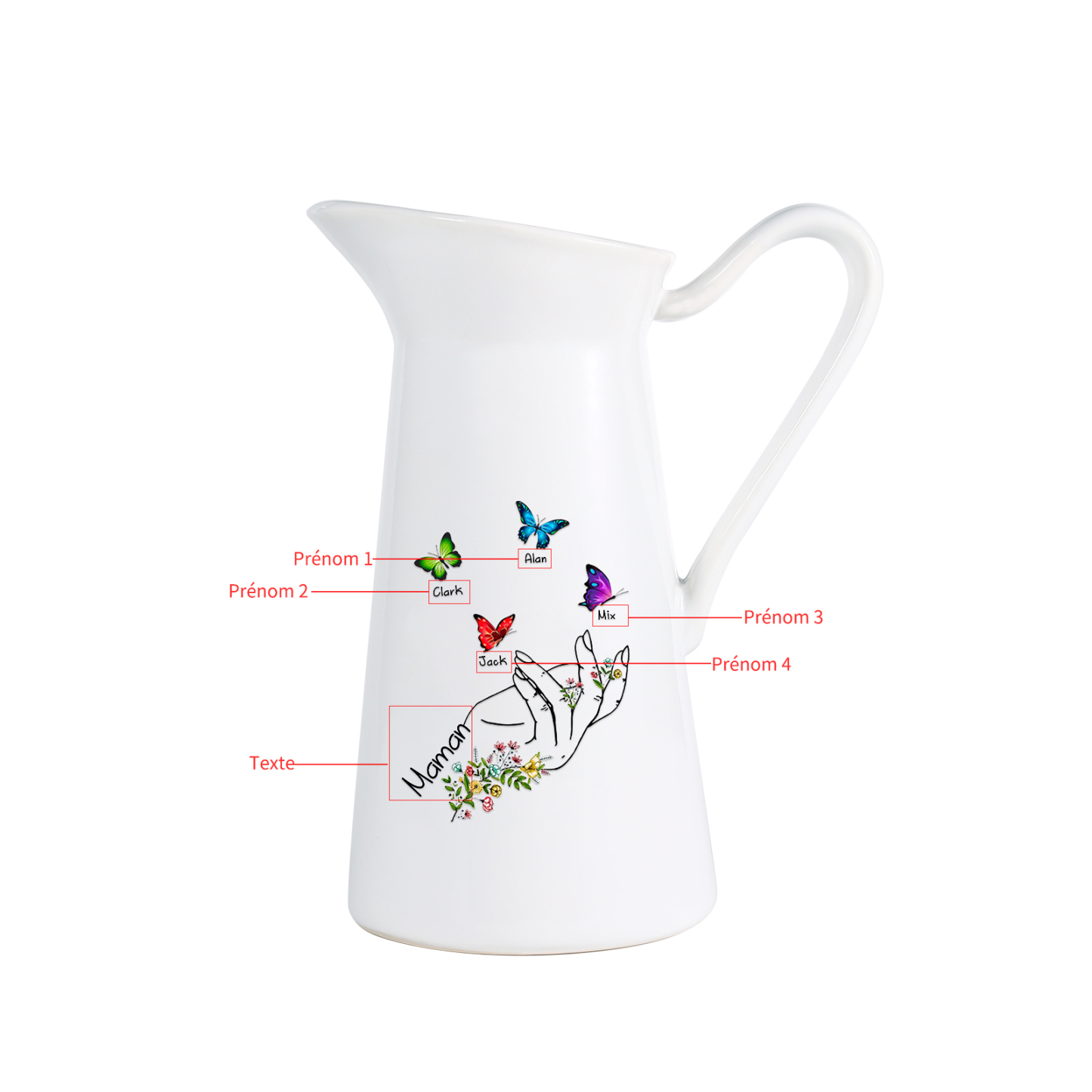 À Maman/Mamie - Vase Personnalisé 2-8 Prénoms avec 1 Texte Vase Forme Pichet et Papillonen Céramique (sans fleurs) | Jessemade