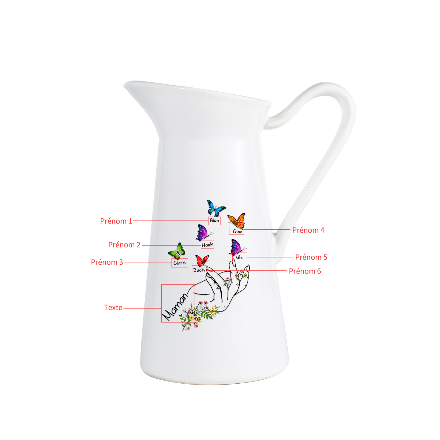 À Maman/Mamie - Vase Personnalisé 2-8 Prénoms avec 1 Texte Vase Forme Pichet et Papillonen Céramique (sans fleurs) | Jessemade
