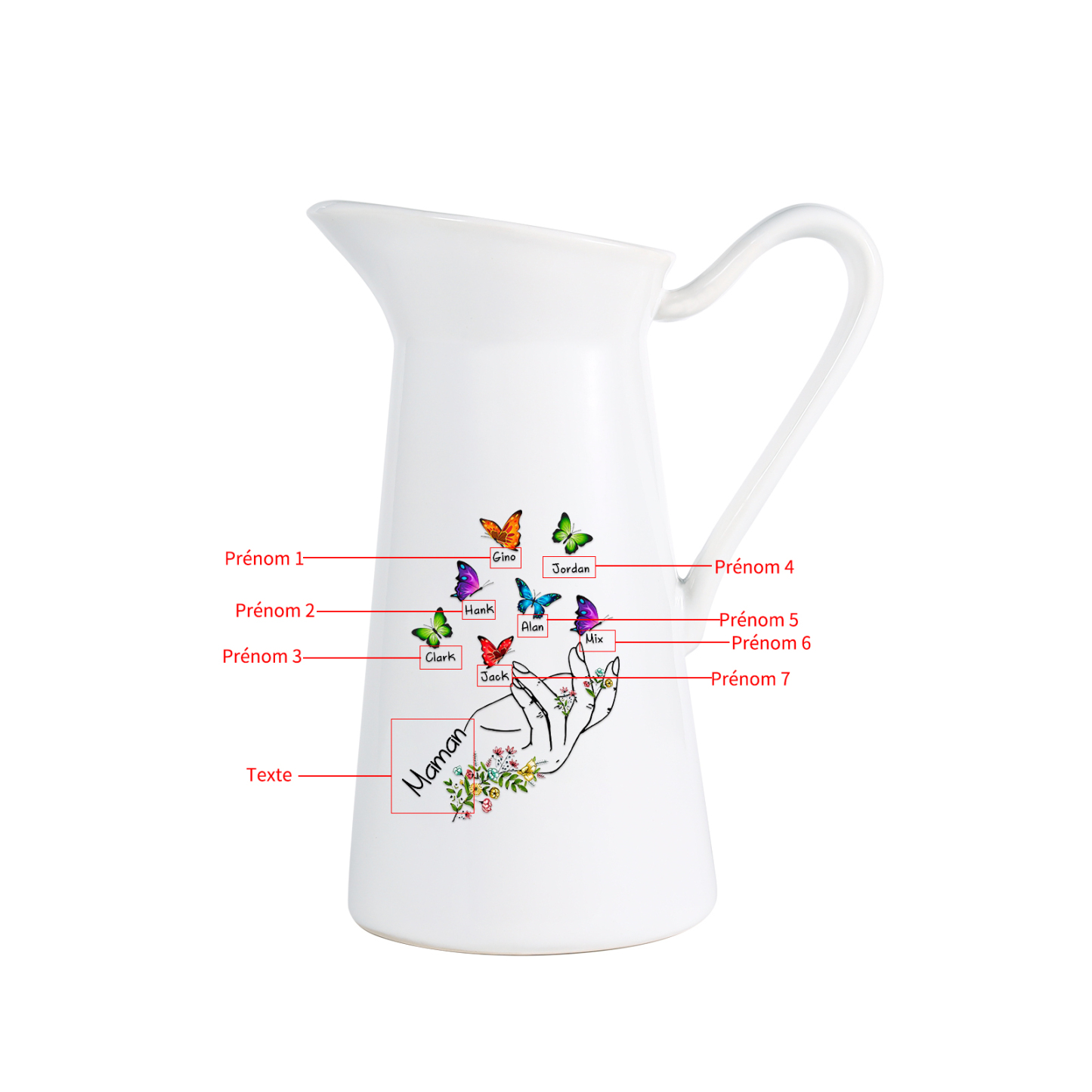 À Maman/Mamie - Vase Personnalisé 2-8 Prénoms avec 1 Texte Vase Forme Pichet et Papillonen Céramique (sans fleurs) | Jessemade