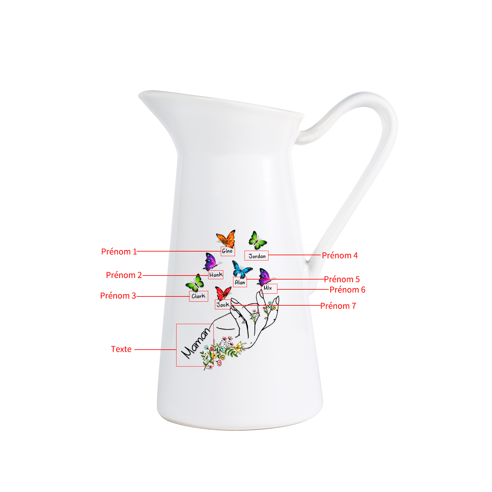 À Maman/Mamie - Vase Personnalisé 2-8 Prénoms avec 1 Texte Vase Forme Pichet et Papillonen Céramique (sans fleurs) | Jessemade