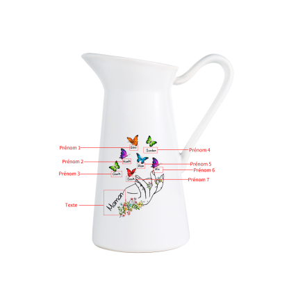 À Maman/Mamie - Vase Personnalisé 2-8 Prénoms avec 1 Texte Vase Forme Pichet et Papillonen Céramique (sans fleurs) | Jessemade