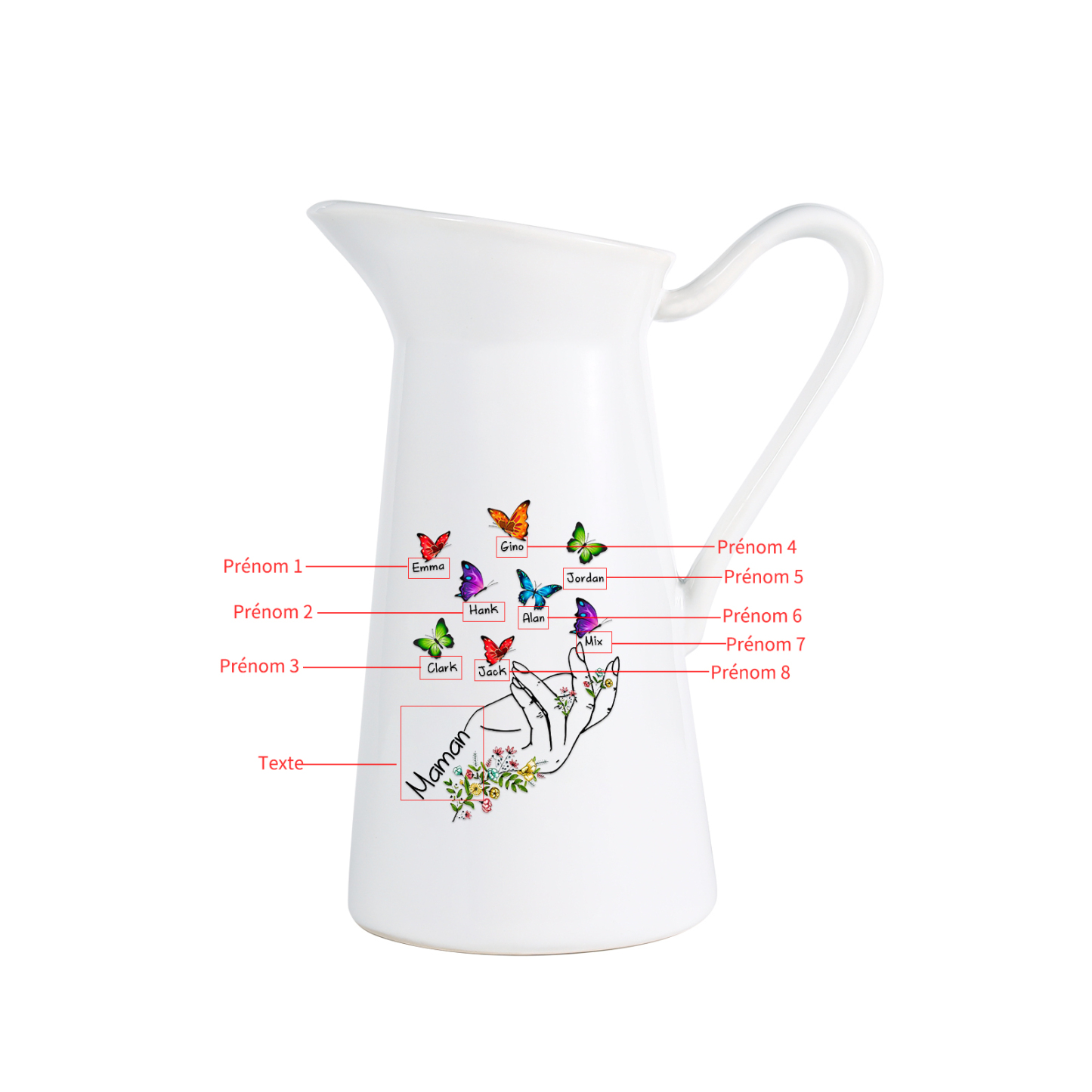 À Maman/Mamie - Vase Personnalisé 2-8 Prénoms avec 1 Texte Vase Forme Pichet et Papillonen Céramique (sans fleurs) | Jessemade