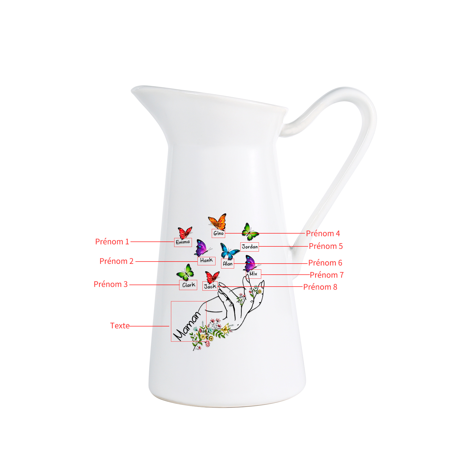 À Maman/Mamie - Vase Personnalisé 2-8 Prénoms avec 1 Texte Vase Forme Pichet et Papillonen Céramique (sans fleurs) | Jessemade