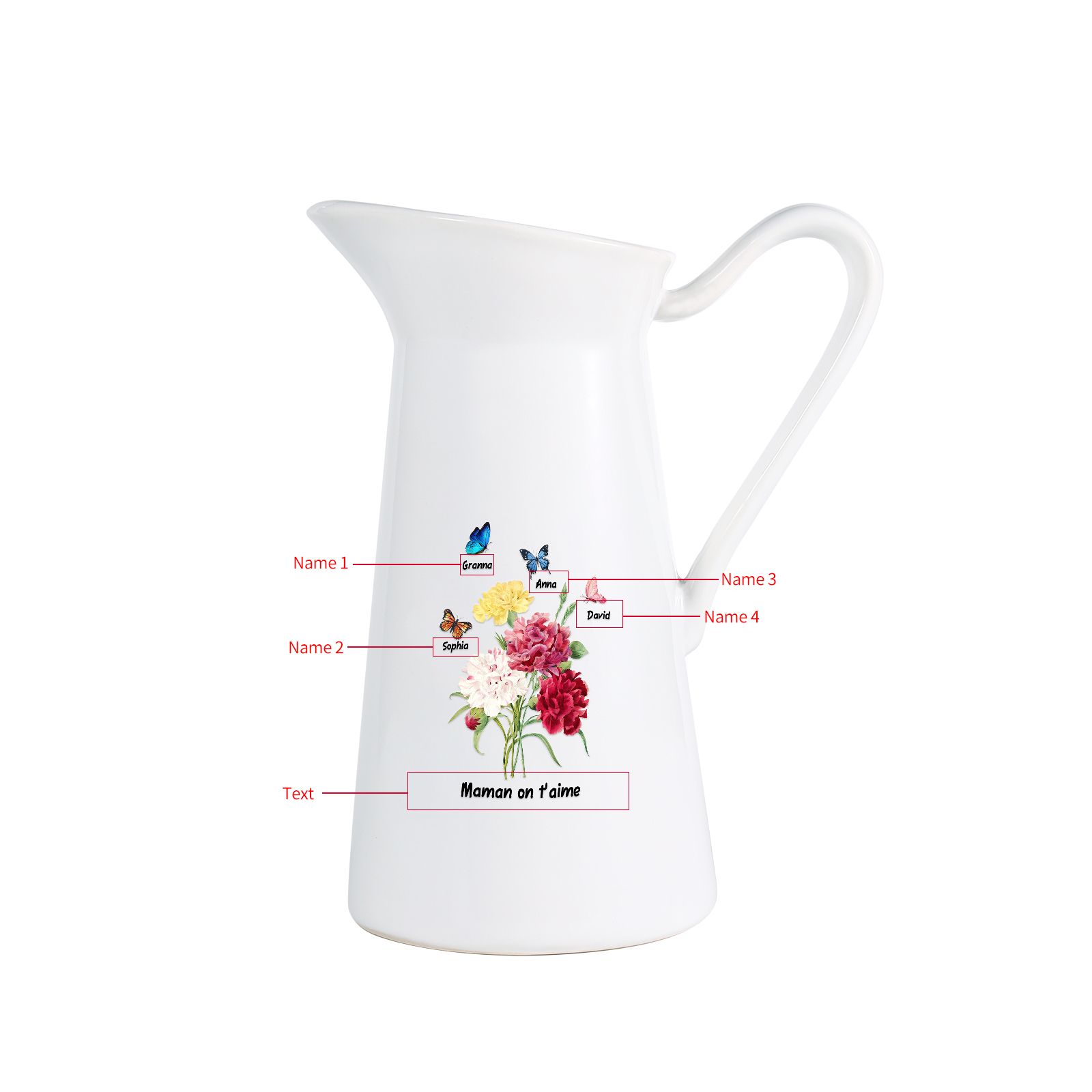 À Maman/Mamie - Vase Personnalisé 1-8 Prénoms avec 1 Texte Vase Forme Pichet etPapillon en Céramique (sans fleurs) | Jessemade