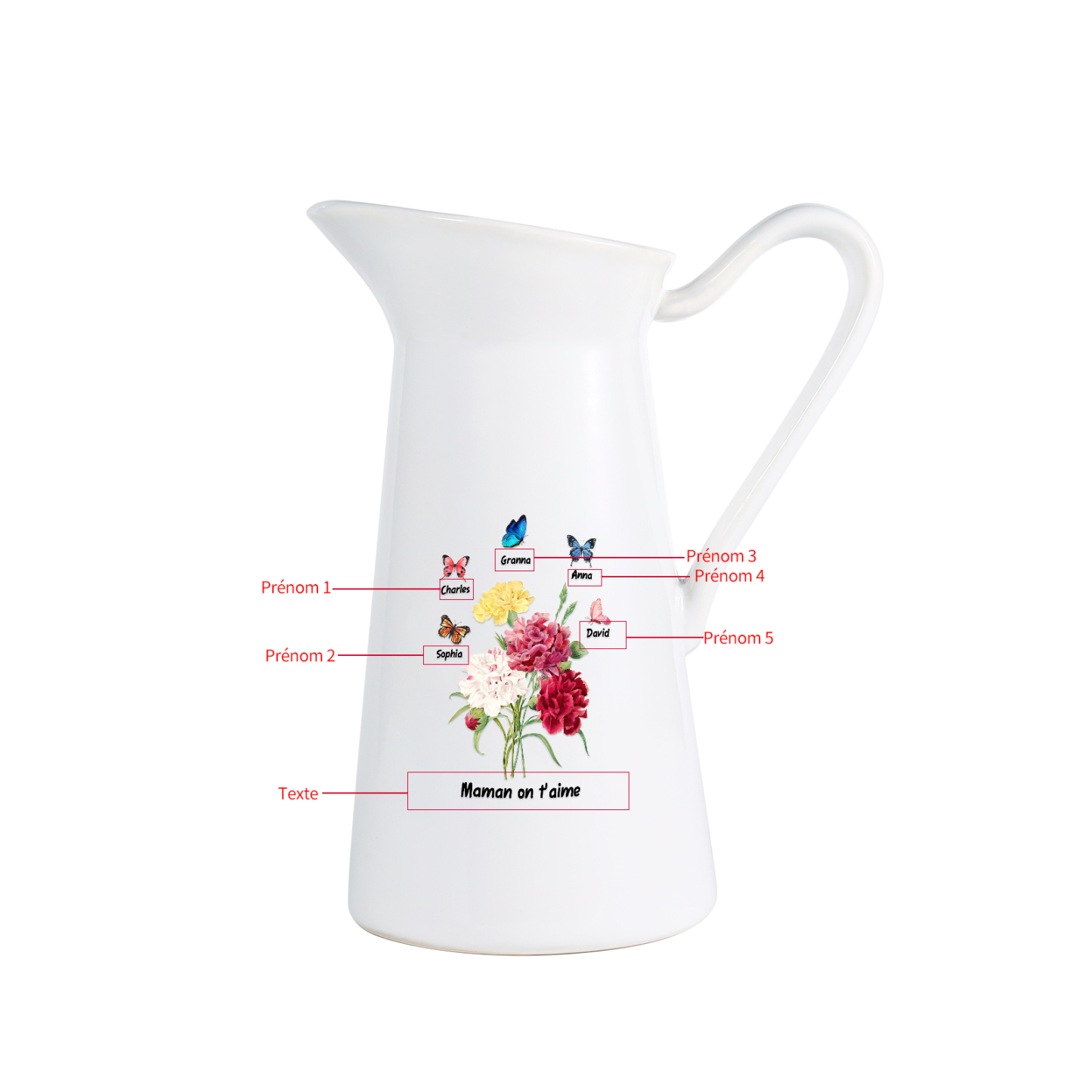 À Maman/Mamie - Vase Personnalisé 1-8 Prénoms avec 1 Texte Vase Forme Pichet etPapillon en Céramique (sans fleurs) | Jessemade
