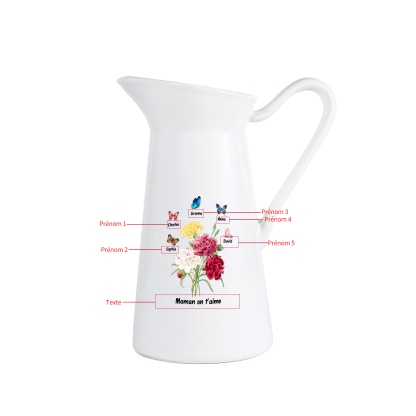 À Maman/Mamie - Vase Personnalisé 1-8 Prénoms avec 1 Texte Vase Forme Pichet etPapillon en Céramique (sans fleurs) | Jessemade