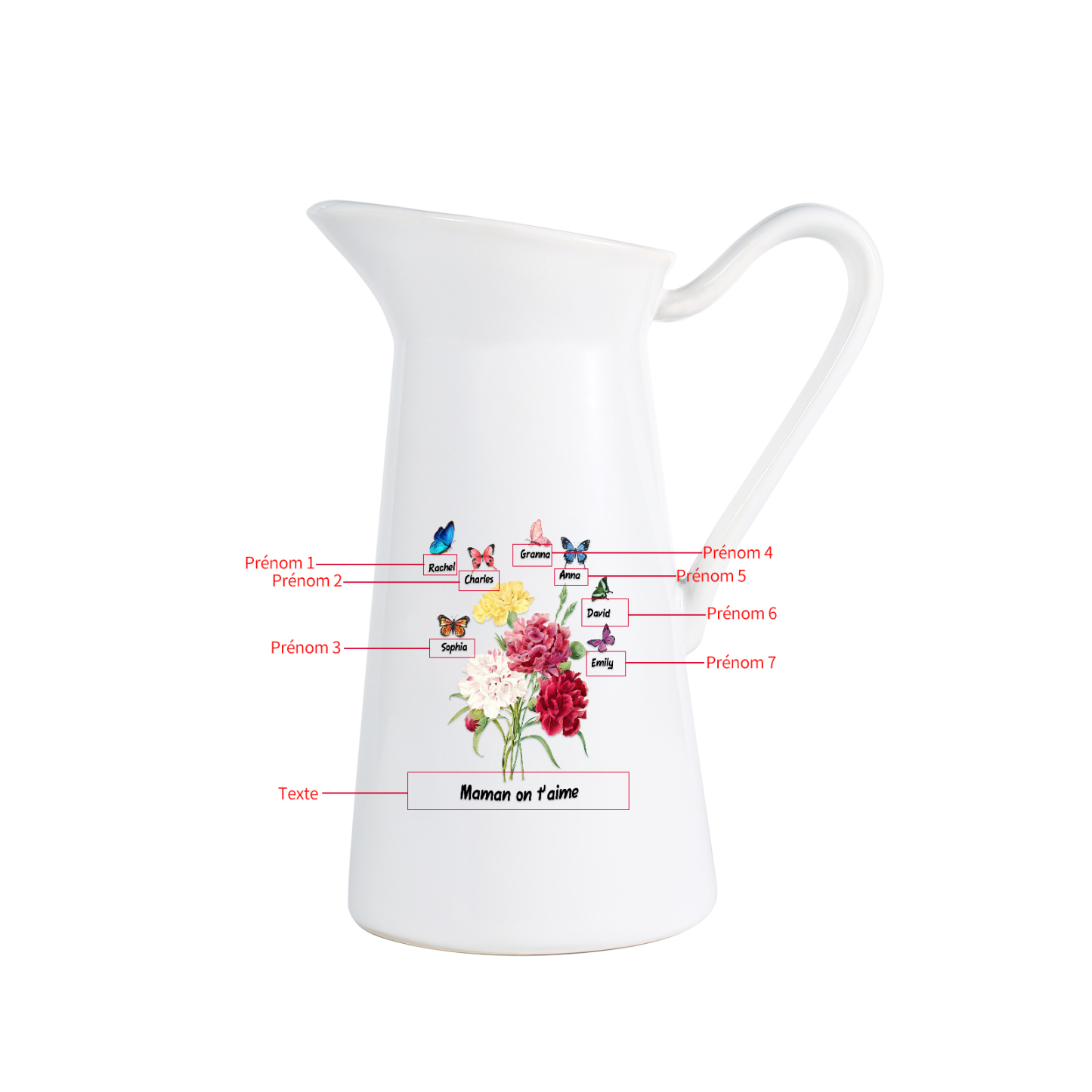 À Maman/Mamie - Vase Personnalisé 1-8 Prénoms avec 1 Texte Vase Forme Pichet etPapillon en Céramique (sans fleurs) | Jessemade