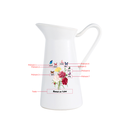 À Maman/Mamie - Vase Personnalisé 1-8 Prénoms avec 1 Texte Vase Forme Pichet etPapillon en Céramique (sans fleurs) | Jessemade