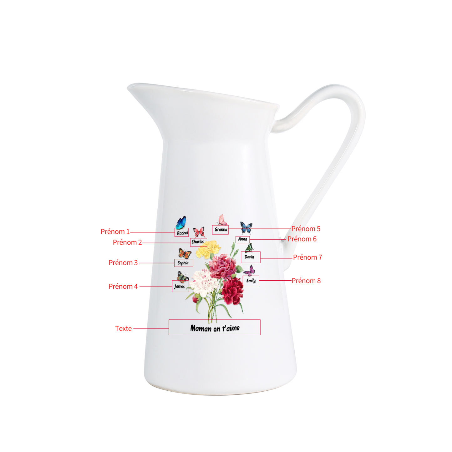À Maman/Mamie - Vase Personnalisé 1-8 Prénoms avec 1 Texte Vase Forme Pichet etPapillon en Céramique (sans fleurs) | Jessemade