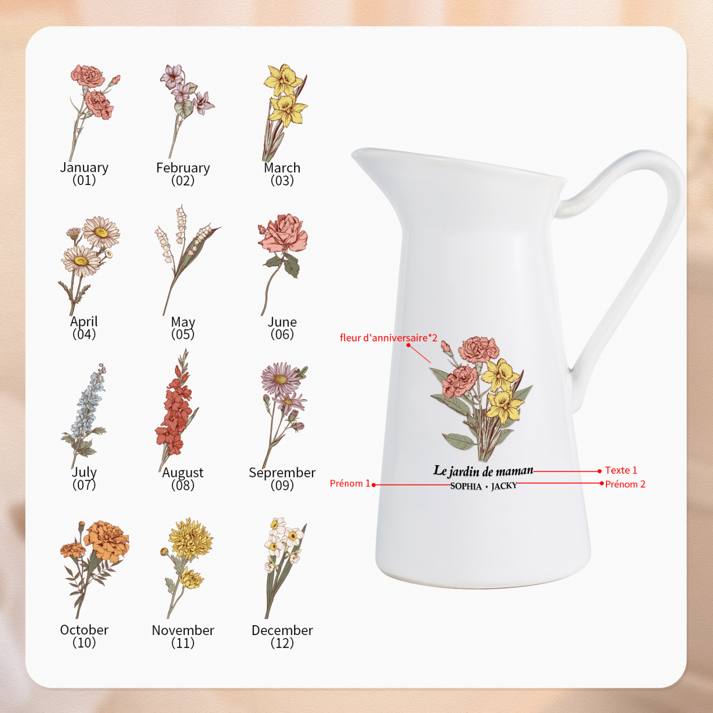 À Maman/Mamie - Vase Personnalisé 2-6 Prénoms et Fleurs de Naissance avec 1 Texte Vase Forme Pichet en Céramique (sans fleurs) | Jessemade