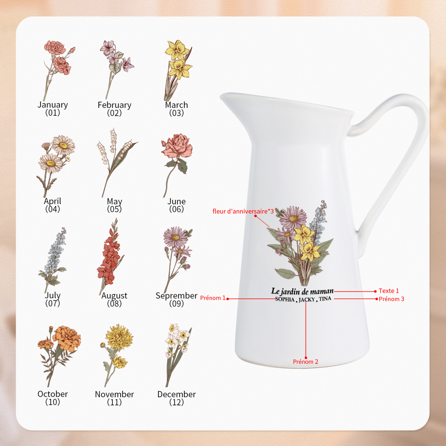 À Maman/Mamie - Vase Personnalisé 2-6 Prénoms et Fleurs de Naissance avec 1 Texte Vase Forme Pichet en Céramique (sans fleurs) | Jessemade