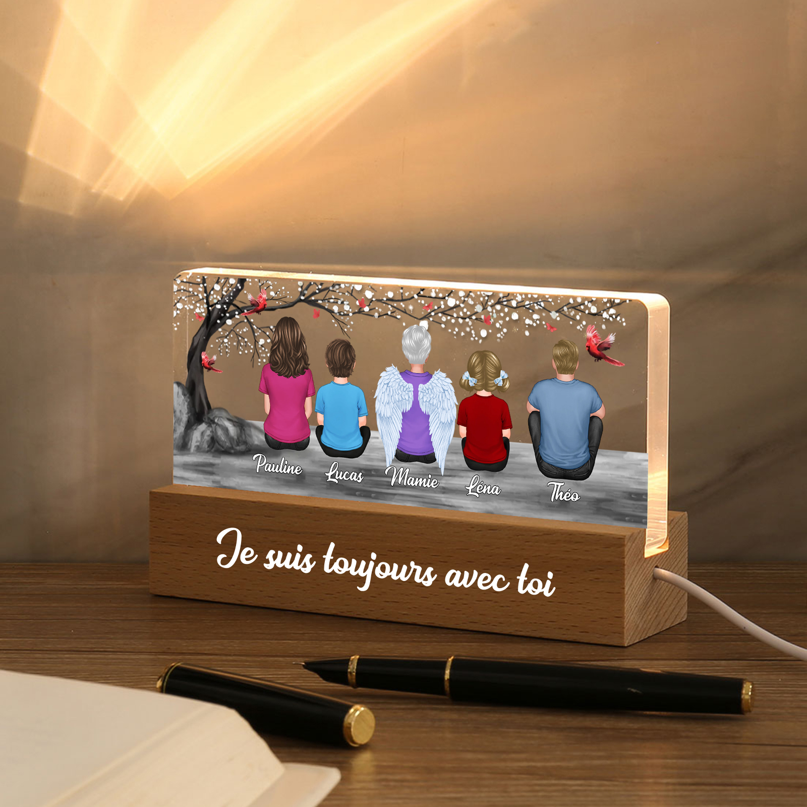 À ma Famille- Lampe de chevet LED 4 Prénoms Personnalisés avec Texte