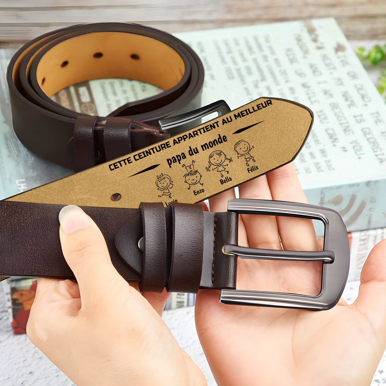 À mon Papa - Ceinture en Cuir Personnalisé avec 1-8 Prénoms et 1 Texte-Cadeau pour Papa | Jessemade