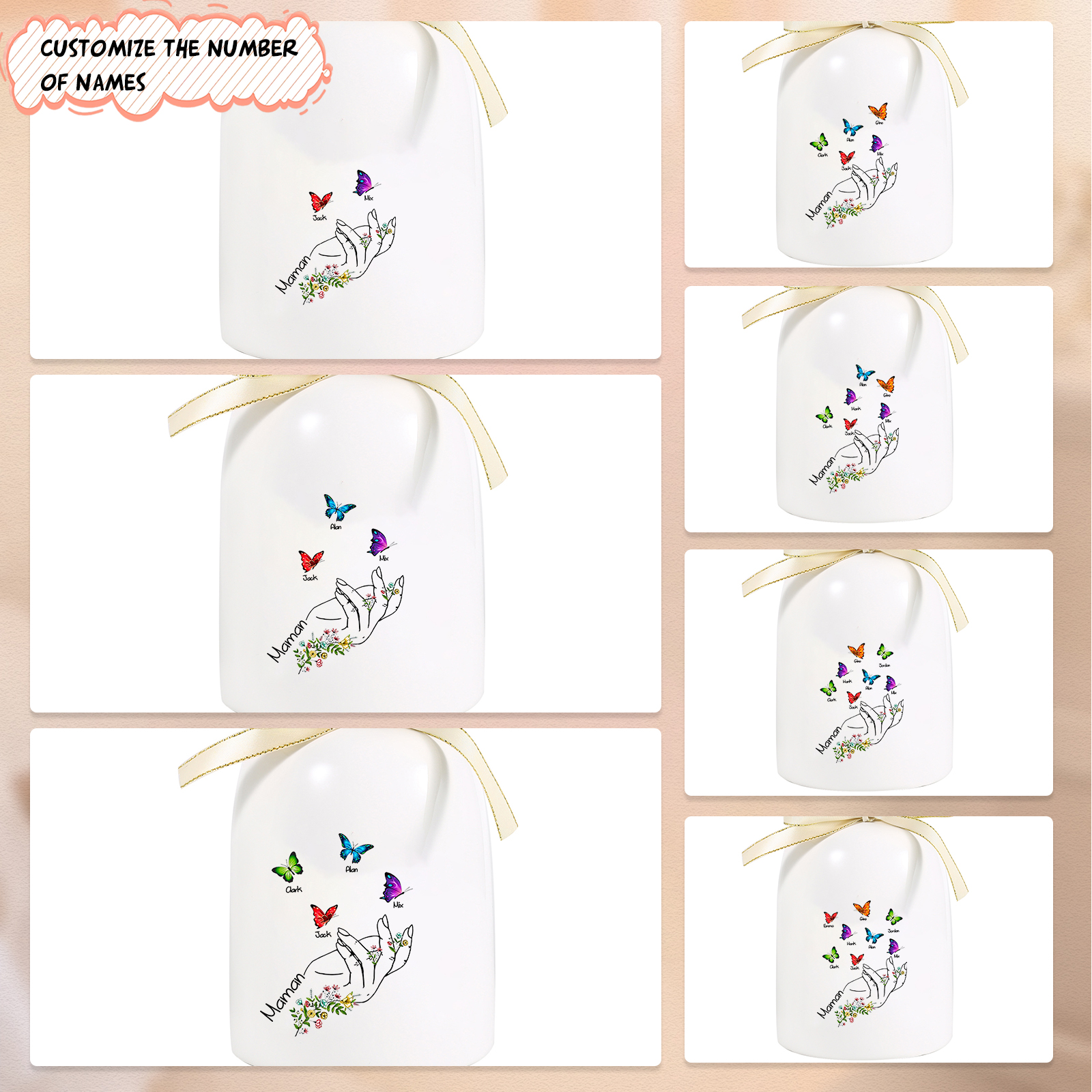 À Maman/Mamie - Vase en Céramique 2-8 Prénoms Personnalisés avec 1 Texte Vase Main et Papillon (sans fleurs) | Jessemade