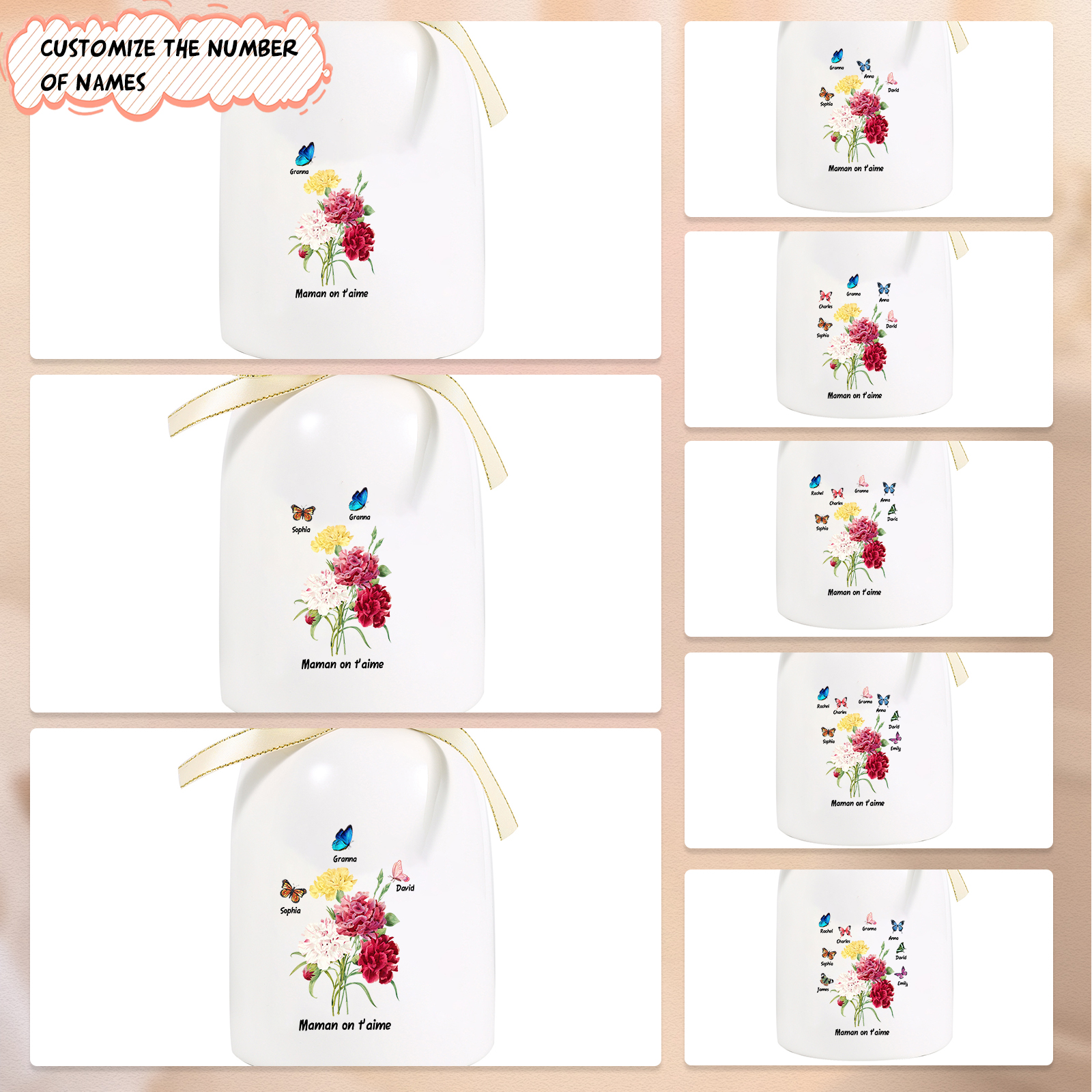 À Maman/Mamie - Vase Personnalisés avec 1-8 Prénoms et 1 Texte Vase Fleurs et Papillon en Céramique (sans fleurs) | Jessemade