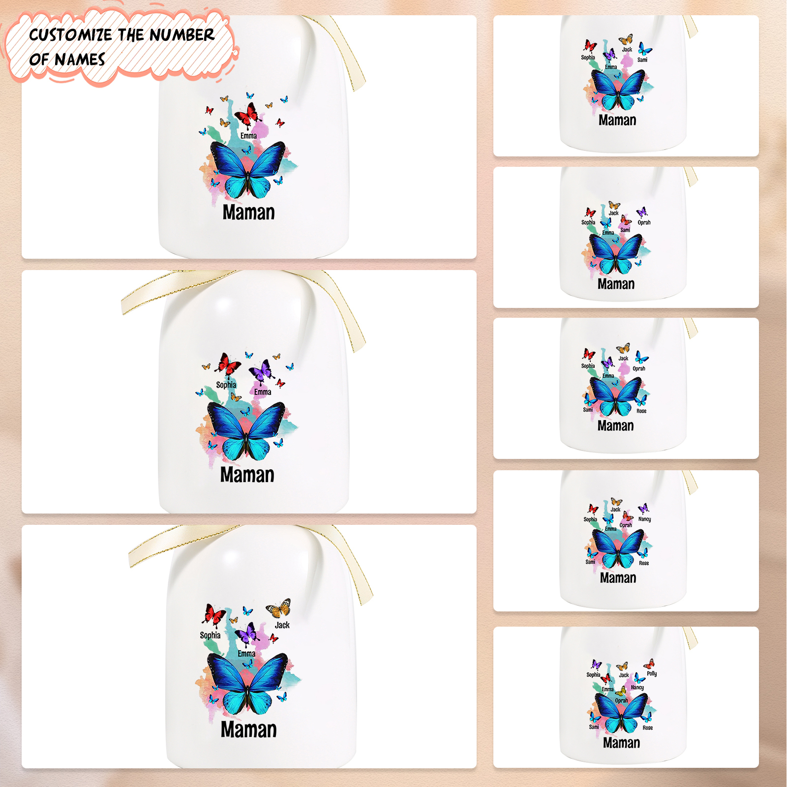 À Maman/Mamie - Vase en Céramique Personnalisés avec 1-8 Prénoms et 1 Texte Vase Motif Papillons Colorés (sans fleurs) | Jessemade