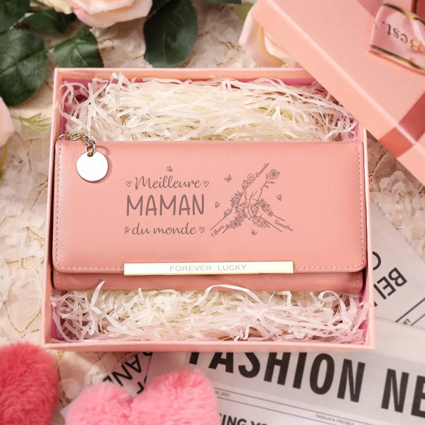 À Maman -Portefeuille Personnalisé long en cuir PU avec 3 Prénoms La Main Dans La Main Porte-monnaie pour Maman | Jessemade