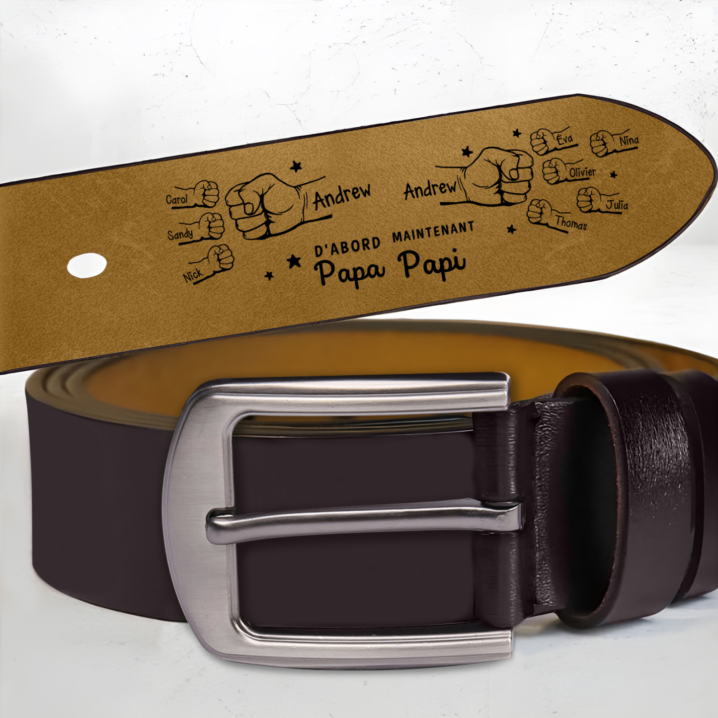 Ceinture en cuir Personnalisée – Personnalisez avec 2-12 Prénoms d'enfants et Poings, Cadeau pour Papa ou Grand-Père | Jessemade