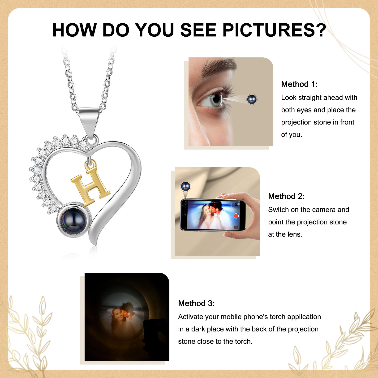 Collier Cœur Personnalisé avec Lettre et Photo projetée – Pendentif Cœur Brillant pour Femme