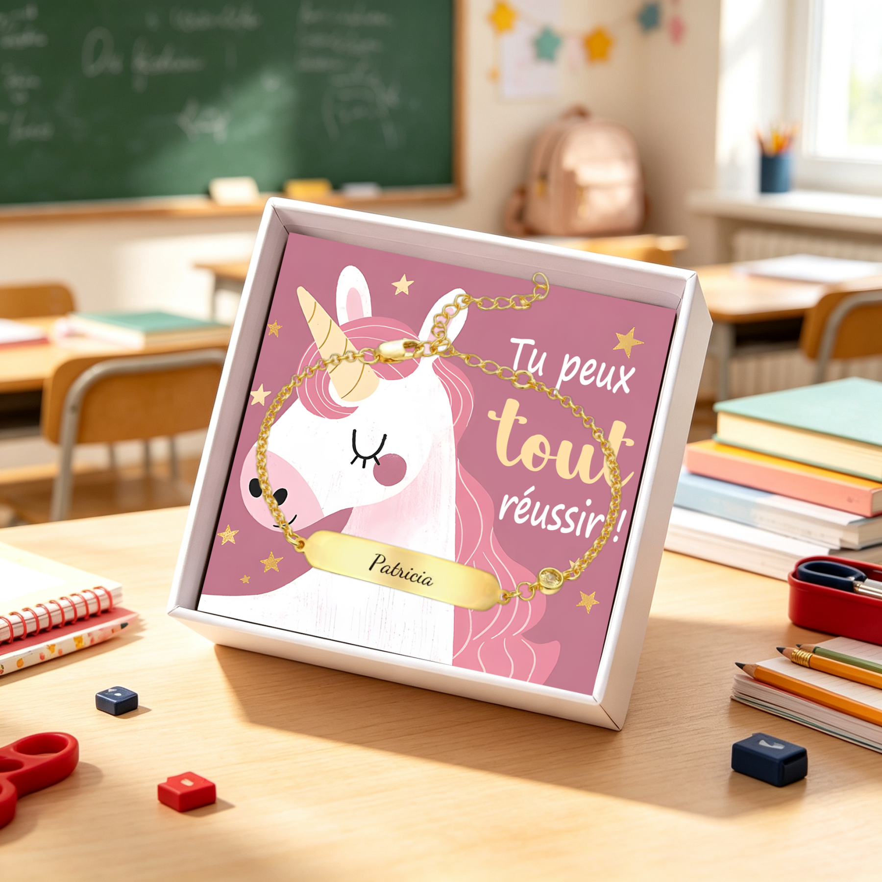 Bracelet Enfant Personnalisé Prénom Gravé, avec Carte messesage « Tu peux tout réussir ! »