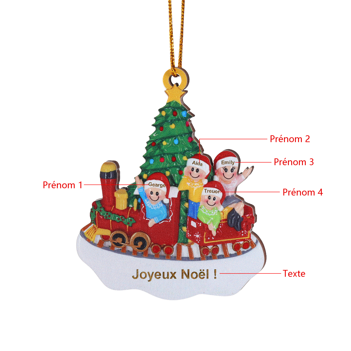 Décoration Sapin Noël 4 Prénoms Personnalisés avec Texte Ornement Train et Sapin en Bois pour Famille | Jessemade