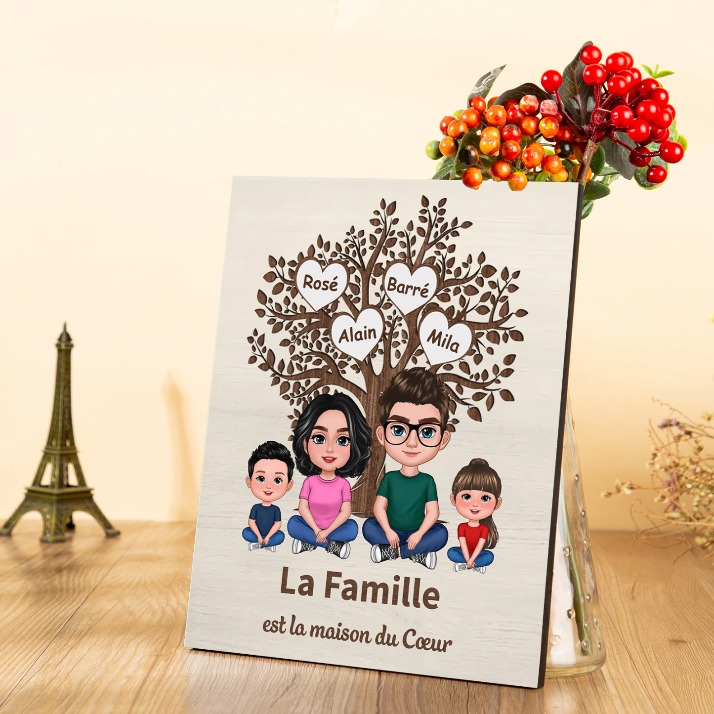 Cadre en Bois arbre familial 2-7 Prénoms Personnalisés Cadeau pour famille | Jessemade