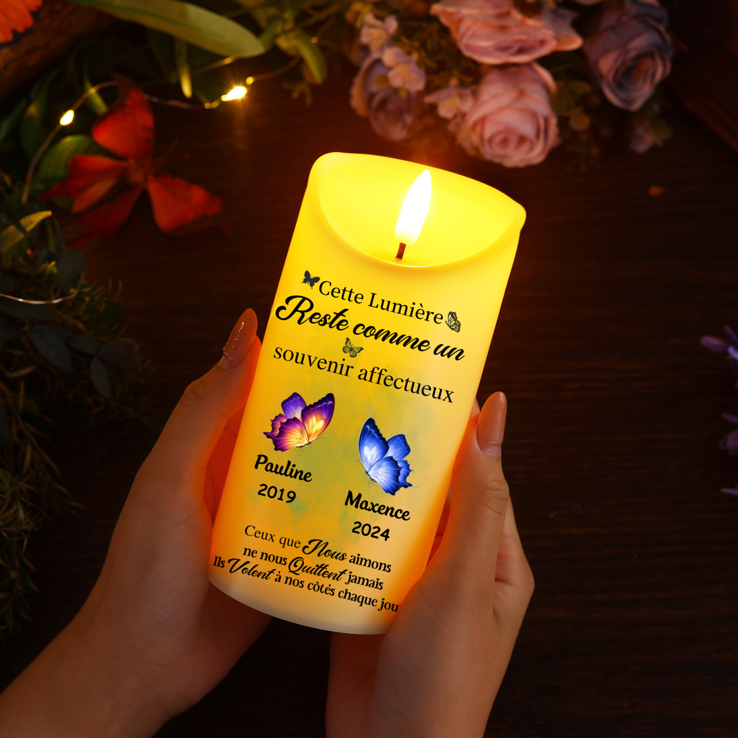 Bougie Électronique Commémorative 1-2 Prénoms et Papillons Personnalisés | Jessemade