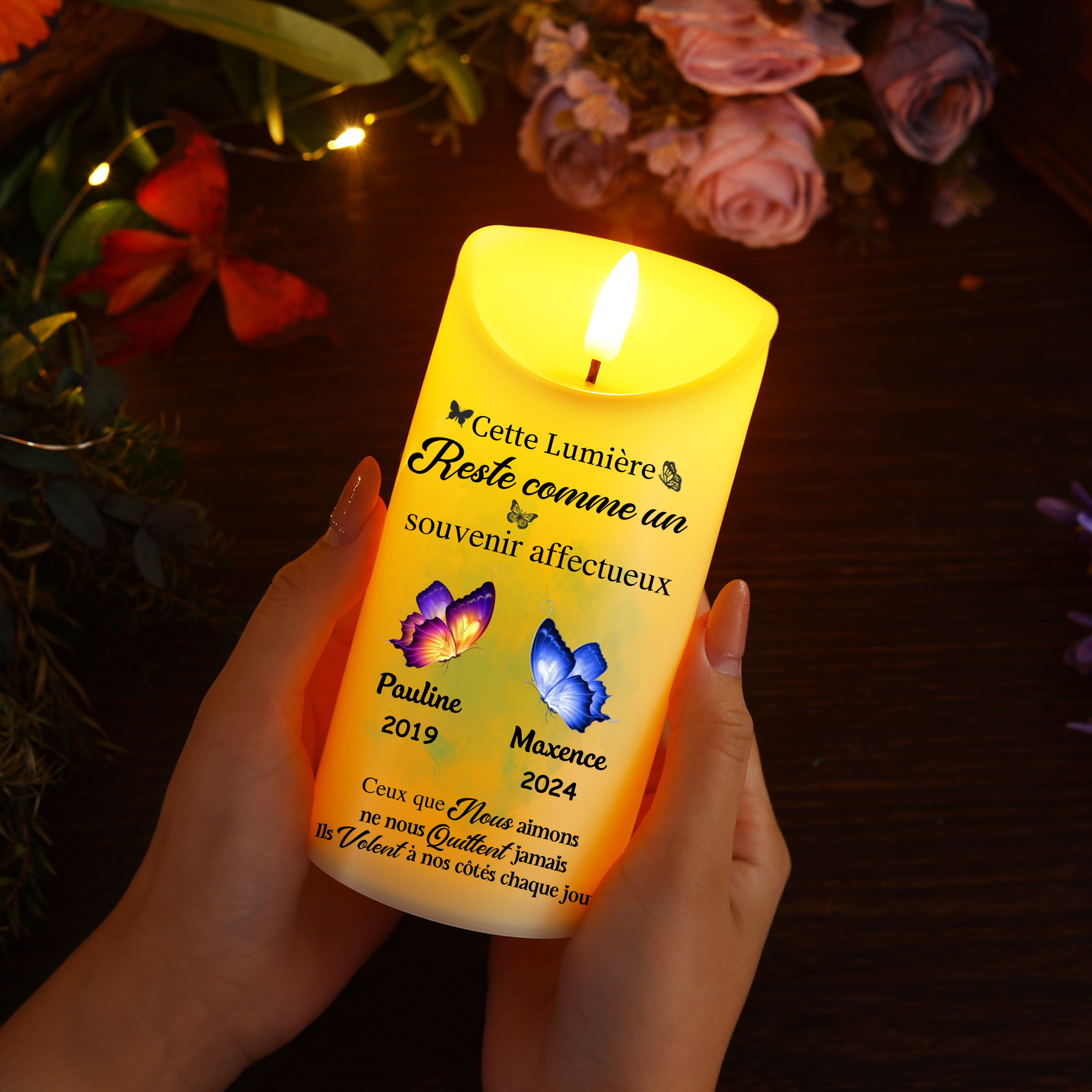 Bougie Électronique Commémorative 1-2 Prénoms et Papillons Personnalisés | Jessemade
