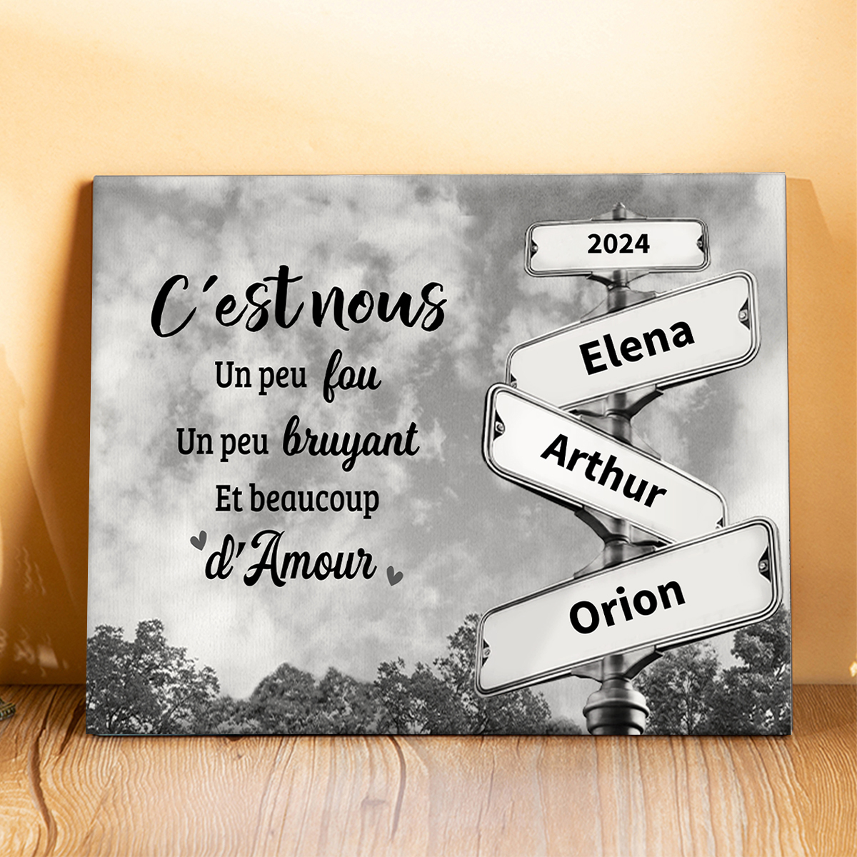 Cadre en Bois panneau indicateur 2-6 Prénoms et 1 Texte Personnalisés