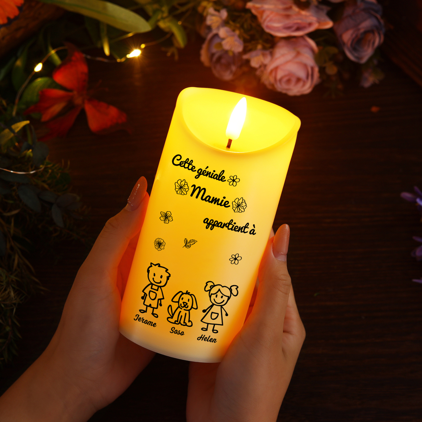 À Mamie - Bougie Électronique 3 Prénoms Personnalisés avec 3 Dessins Bougie LED Avec Coffret pour Mamie | Jessemade