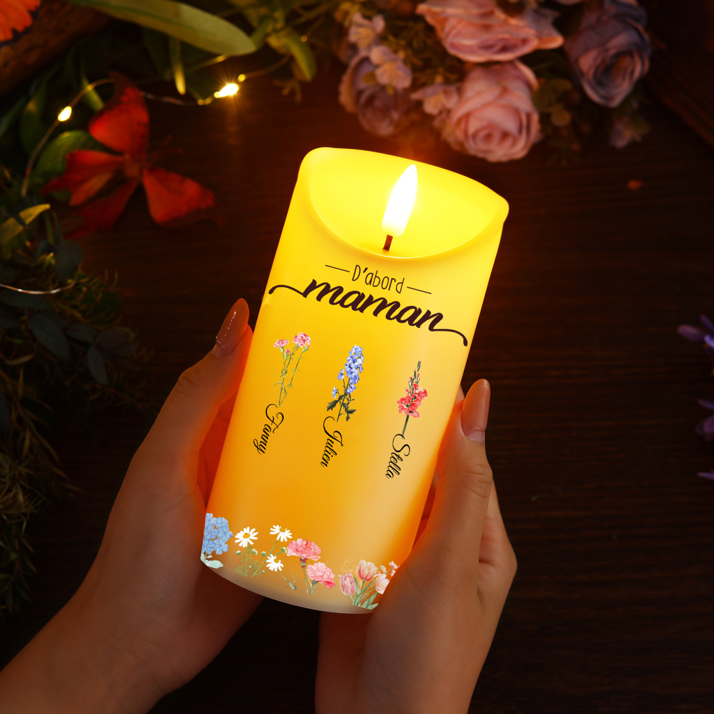 À ma Maman/Mamie-Bougie LED 2-10 Prénoms Personnalisés avec Fleur de Naissance Bougie Électronique | Jessemade