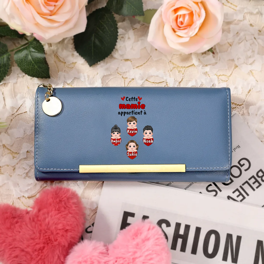 À Maman/Mamie -Portefeuille Personnalisé avec 1-10 Prénoms et Enfants Porte-Monnaie Long en Cuir en Rose/Bleu/Jaune | Jessemade