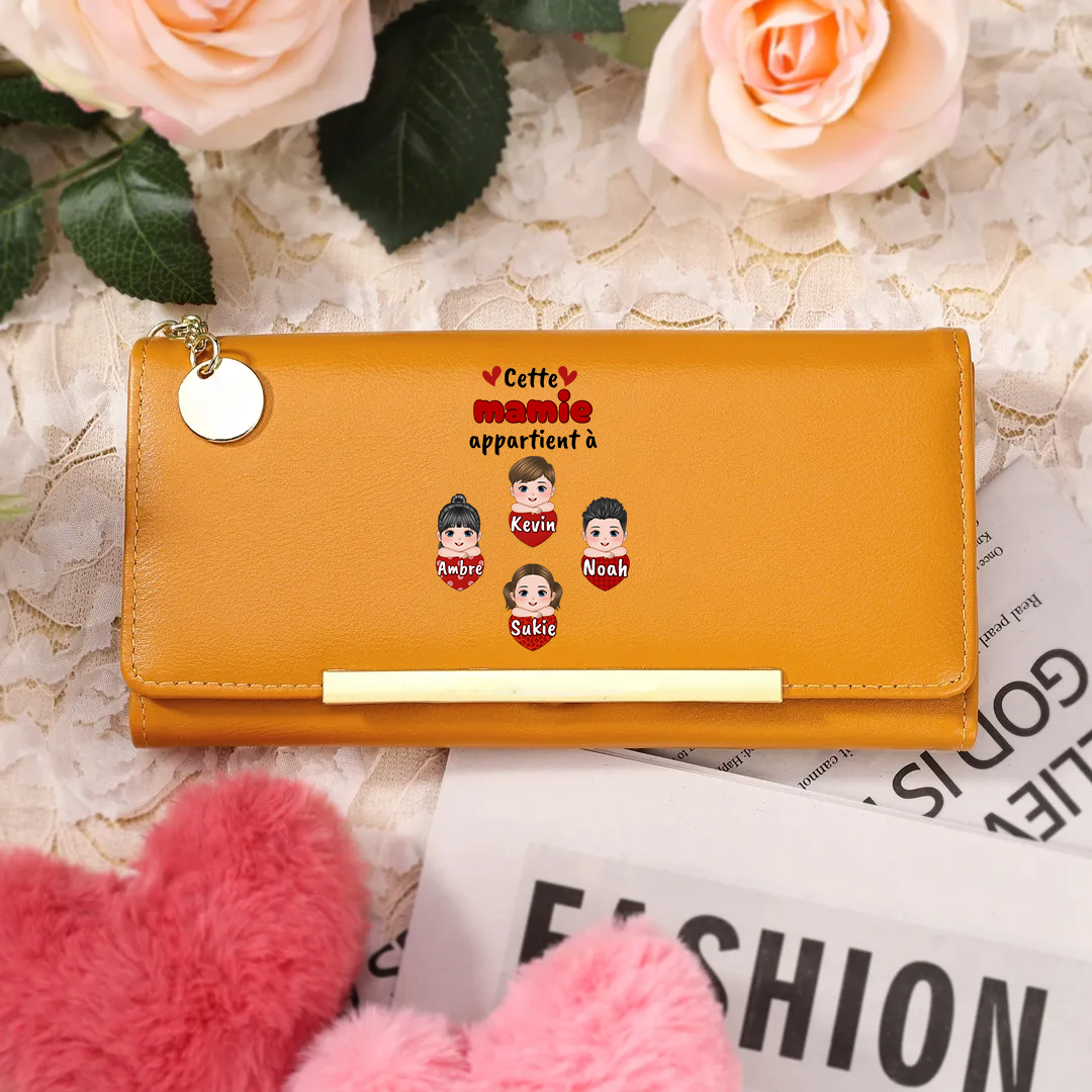 À Maman/Mamie -Portefeuille Personnalisé avec 1-10 Prénoms et Enfants Porte-Monnaie Long en Cuir en Rose/Bleu/Jaune | Jessemade