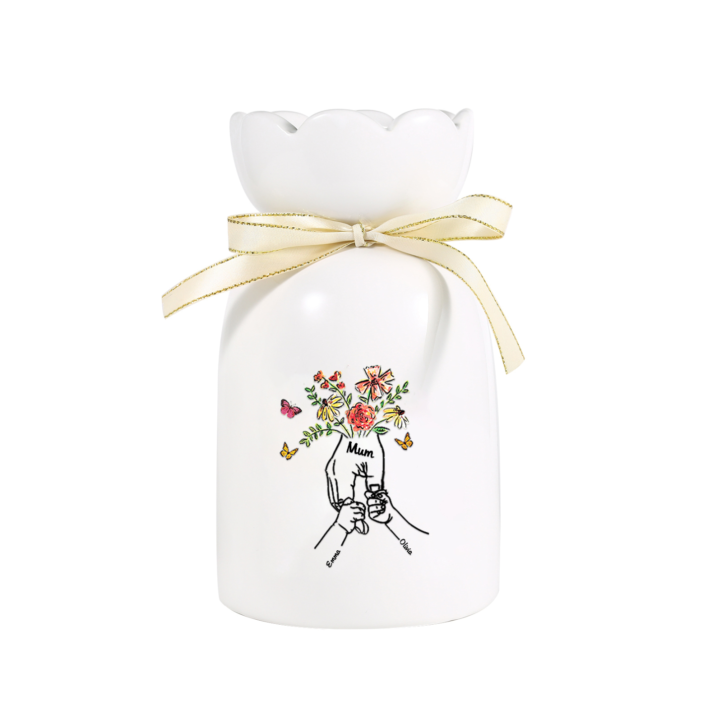À Maman/Mamie - Vase en Céramique 2-8 Prénoms Personnalisés avec 1 Texte Vase la Main dans la Main (sans fleurs) | Jessemade