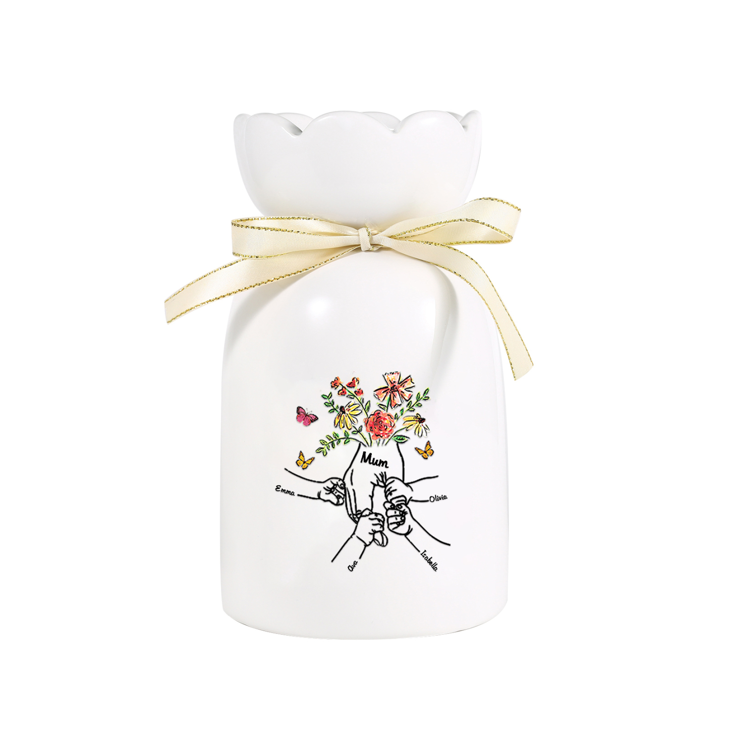 À Maman/Mamie - Vase en Céramique 2-8 Prénoms Personnalisés avec 1 Texte Vase la Main dans la Main (sans fleurs) | Jessemade