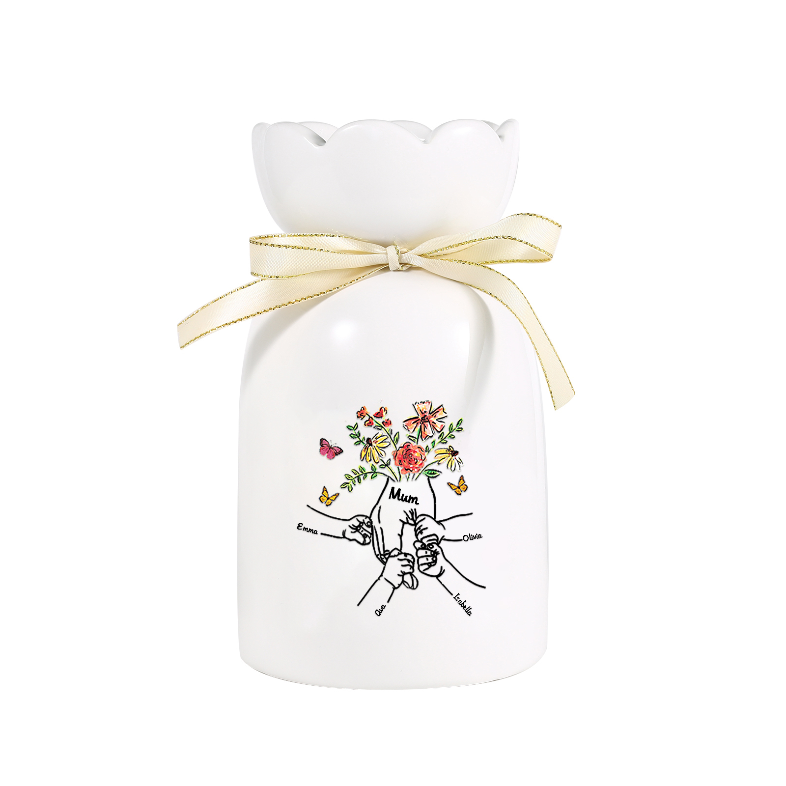 À Maman/Mamie - Vase en Céramique 2-8 Prénoms Personnalisés avec 1 Texte Vase la Main dans la Main (sans fleurs) | Jessemade