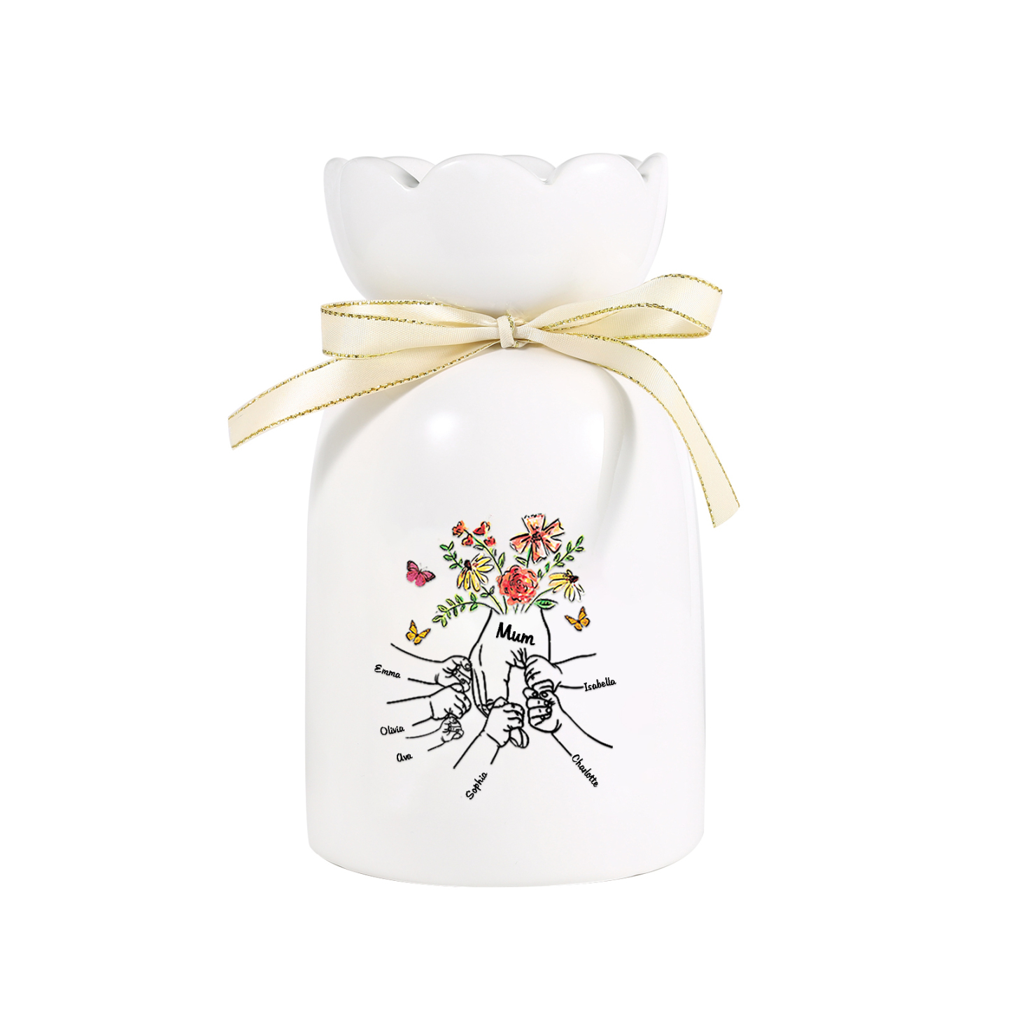 À Maman/Mamie - Vase en Céramique 2-8 Prénoms Personnalisés avec 1 Texte Vase la Main dans la Main (sans fleurs) | Jessemade
