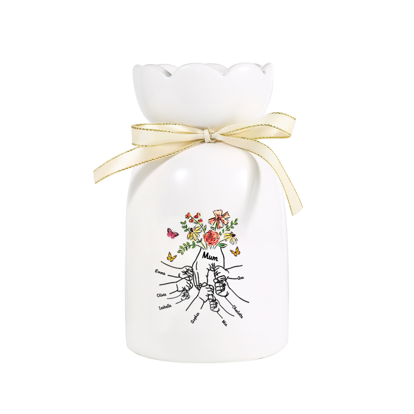 À Maman/Mamie - Vase en Céramique 2-8 Prénoms Personnalisés avec 1 Texte Vase la Main dans la Main (sans fleurs) | Jessemade