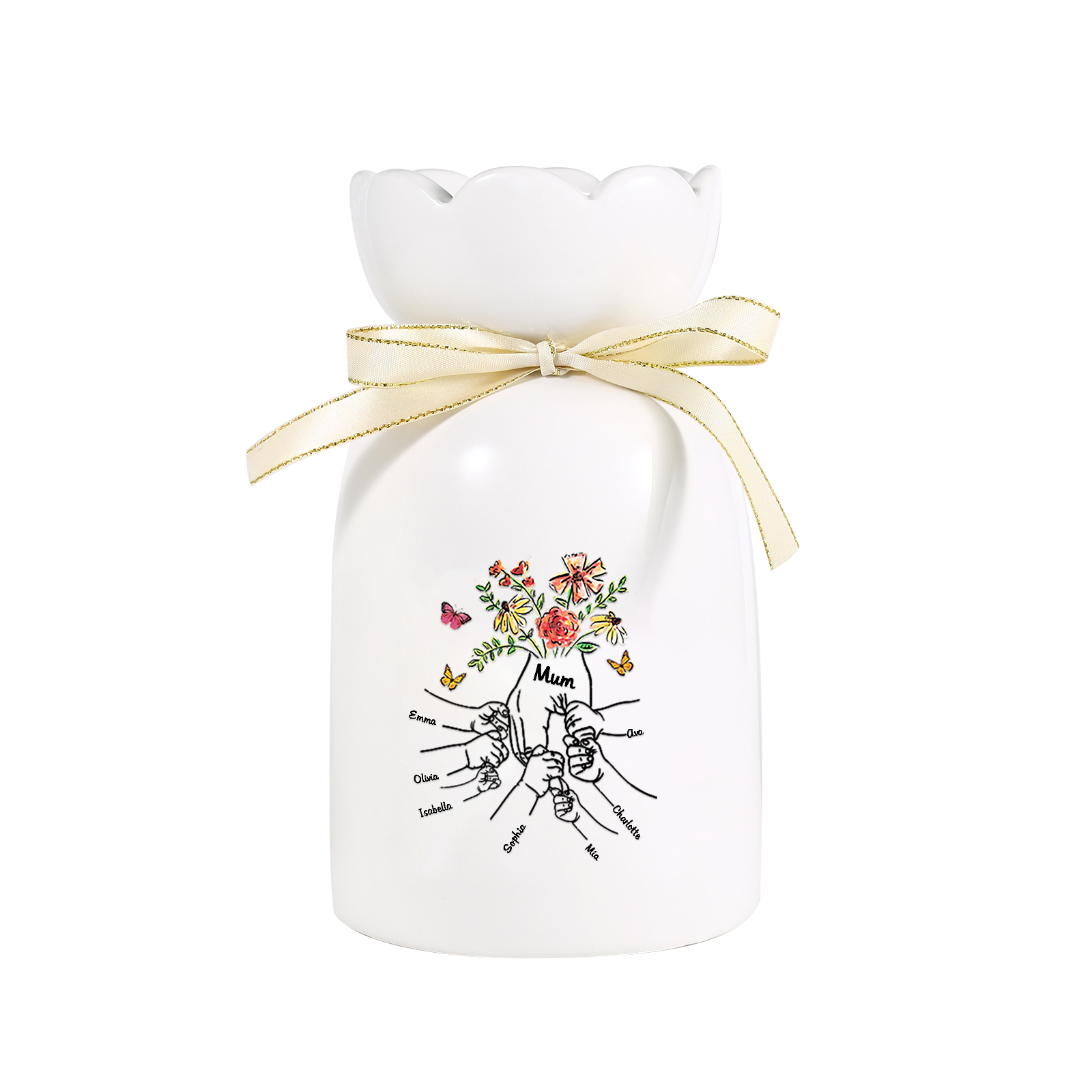 À Maman/Mamie - Vase en Céramique 2-8 Prénoms Personnalisés avec 1 Texte Vase la Main dans la Main (sans fleurs) | Jessemade