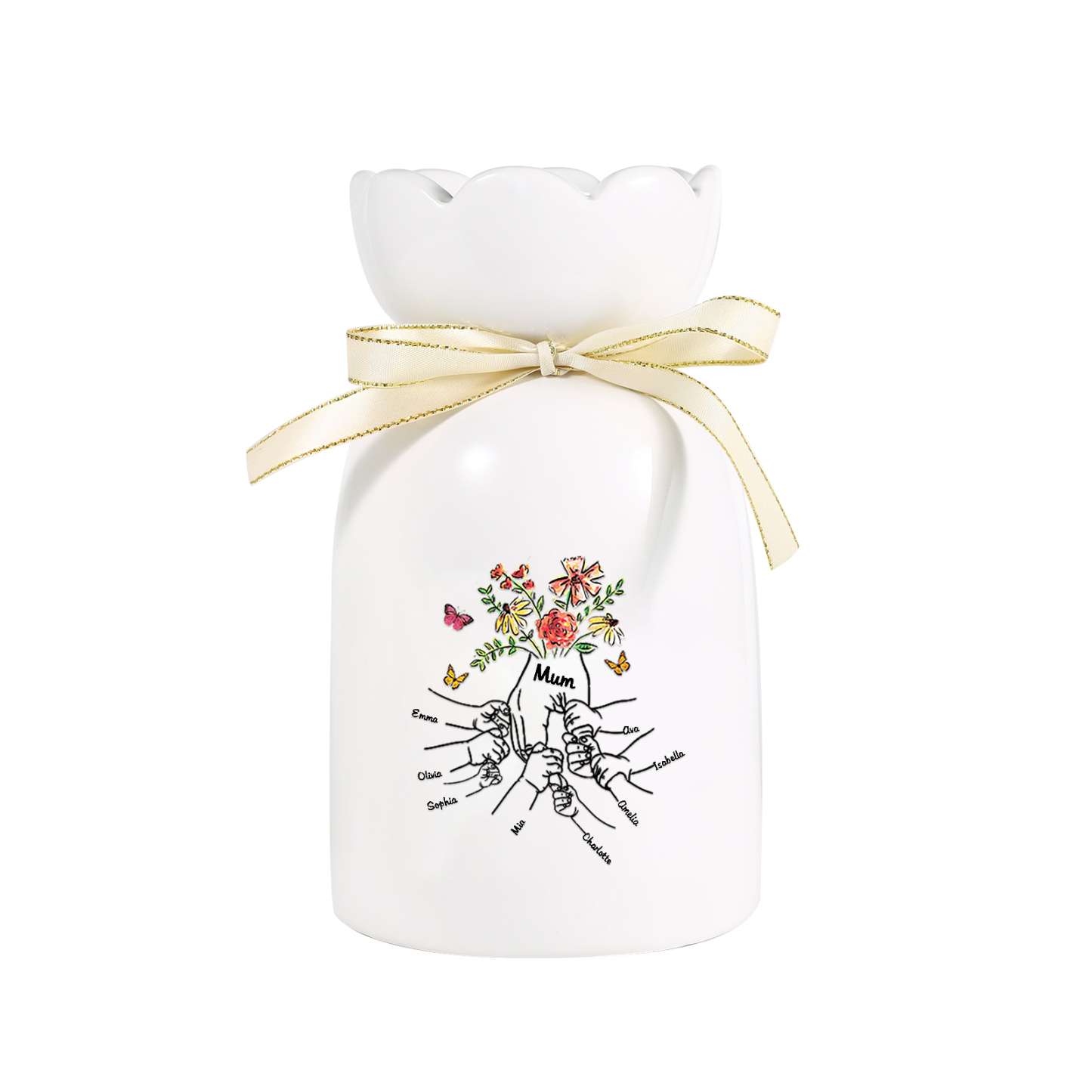À Maman/Mamie - Vase en Céramique 2-8 Prénoms Personnalisés avec 1 Texte Vase la Main dans la Main (sans fleurs) | Jessemade
