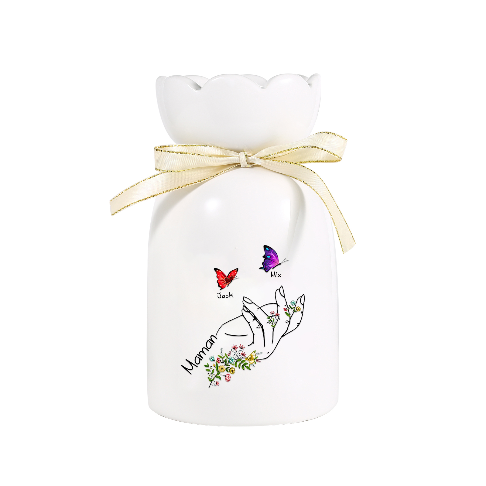 À Maman/Mamie - Vase en Céramique 2-8 Prénoms Personnalisés avec 1 Texte Vase Main et Papillon (sans fleurs) | Jessemade