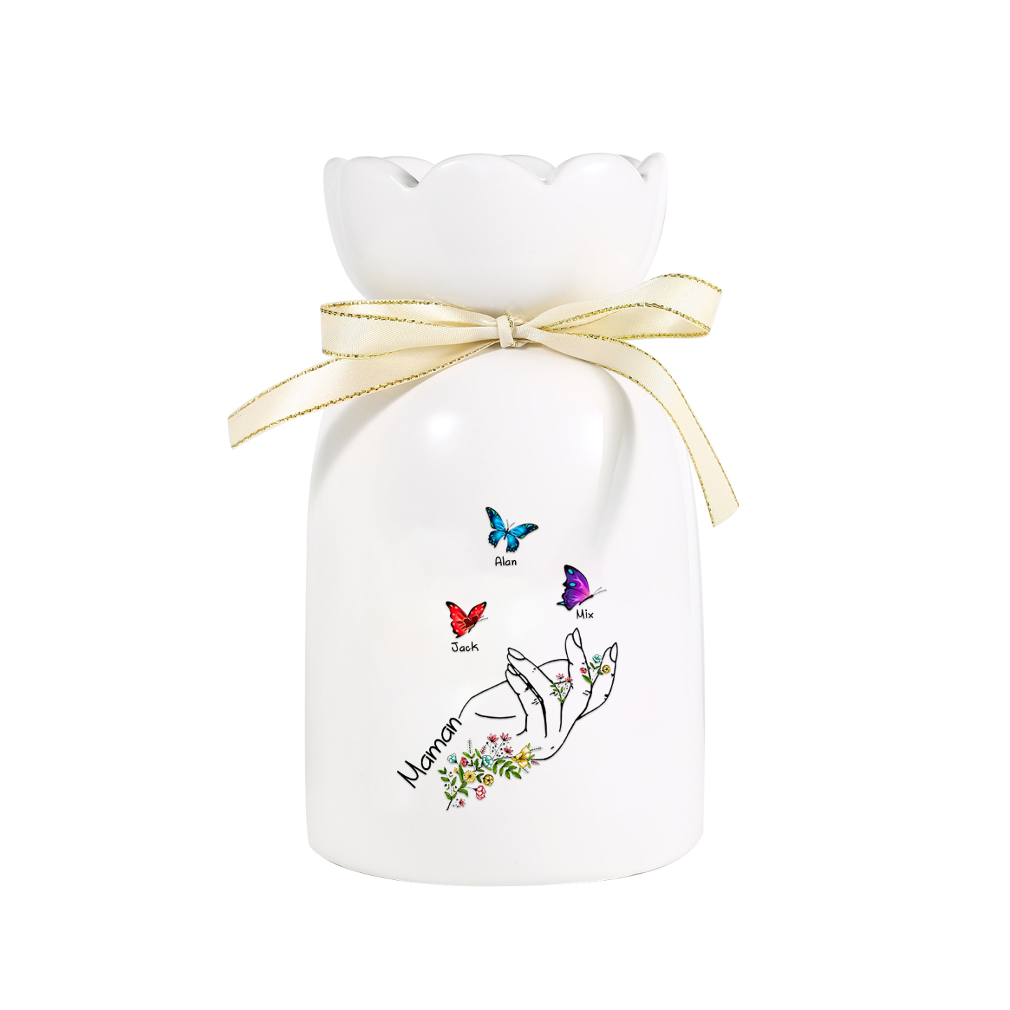 À Maman/Mamie - Vase en Céramique 2-8 Prénoms Personnalisés avec 1 Texte Vase Main et Papillon (sans fleurs) | Jessemade
