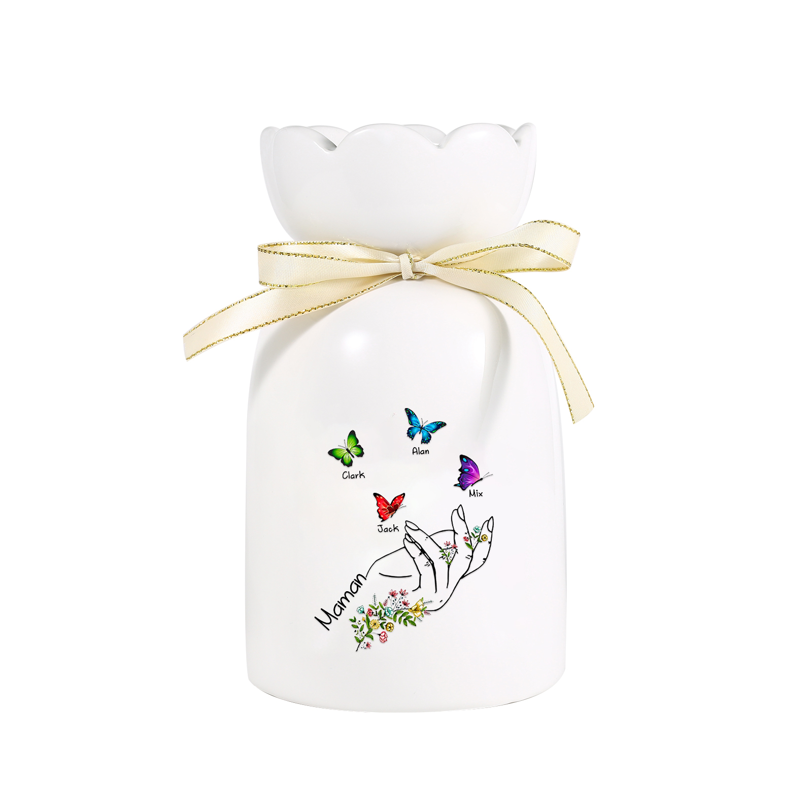 À Maman/Mamie - Vase en Céramique 2-8 Prénoms Personnalisés avec 1 Texte Vase Main et Papillon (sans fleurs) | Jessemade