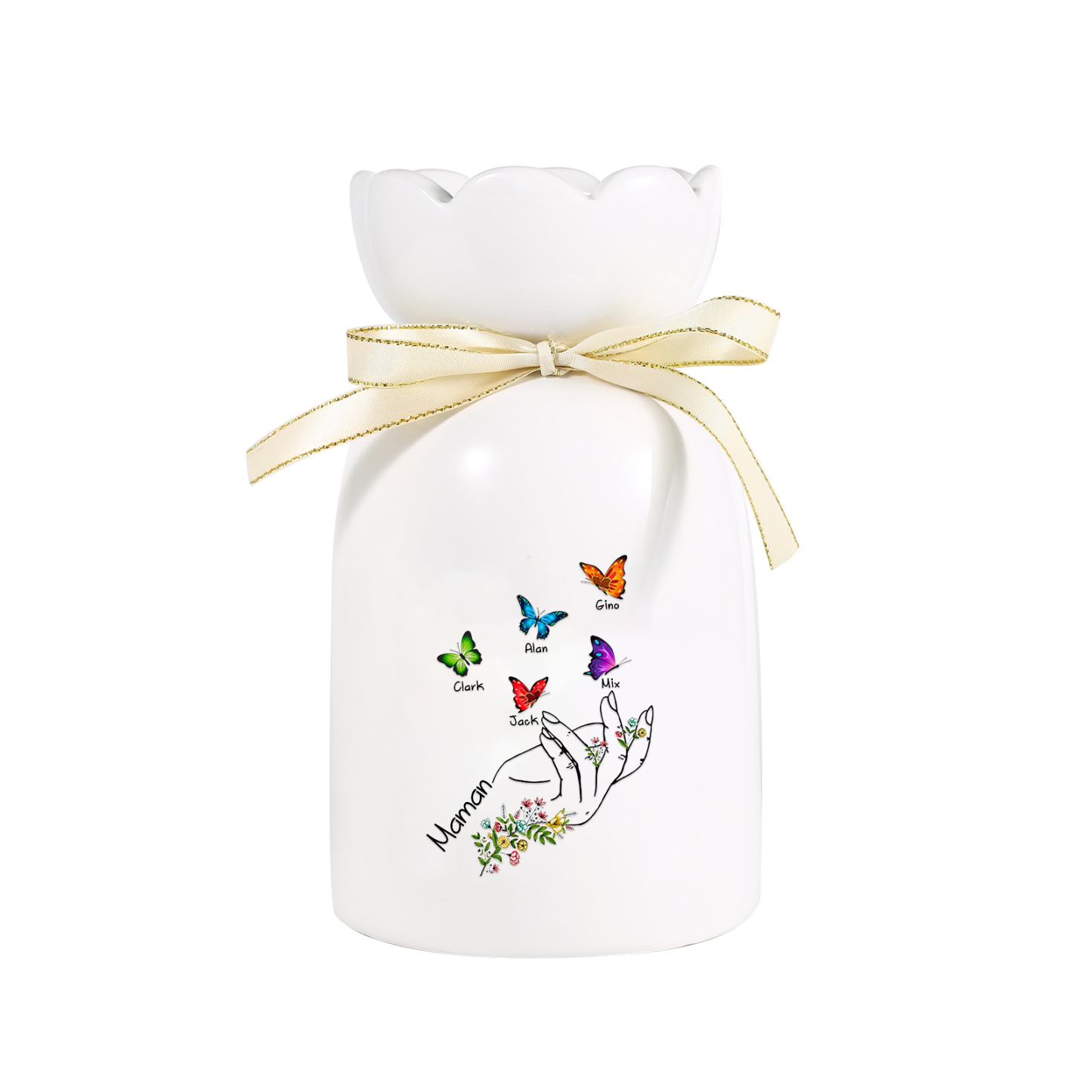 À Maman/Mamie - Vase en Céramique 2-8 Prénoms Personnalisés avec 1 Texte Vase Main et Papillon (sans fleurs) | Jessemade