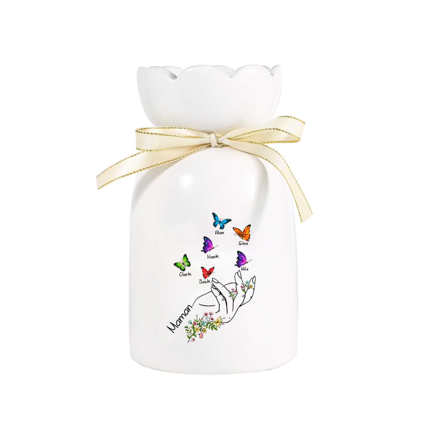 À Maman/Mamie - Vase en Céramique 2-8 Prénoms Personnalisés avec 1 Texte Vase Main et Papillon (sans fleurs) | Jessemade