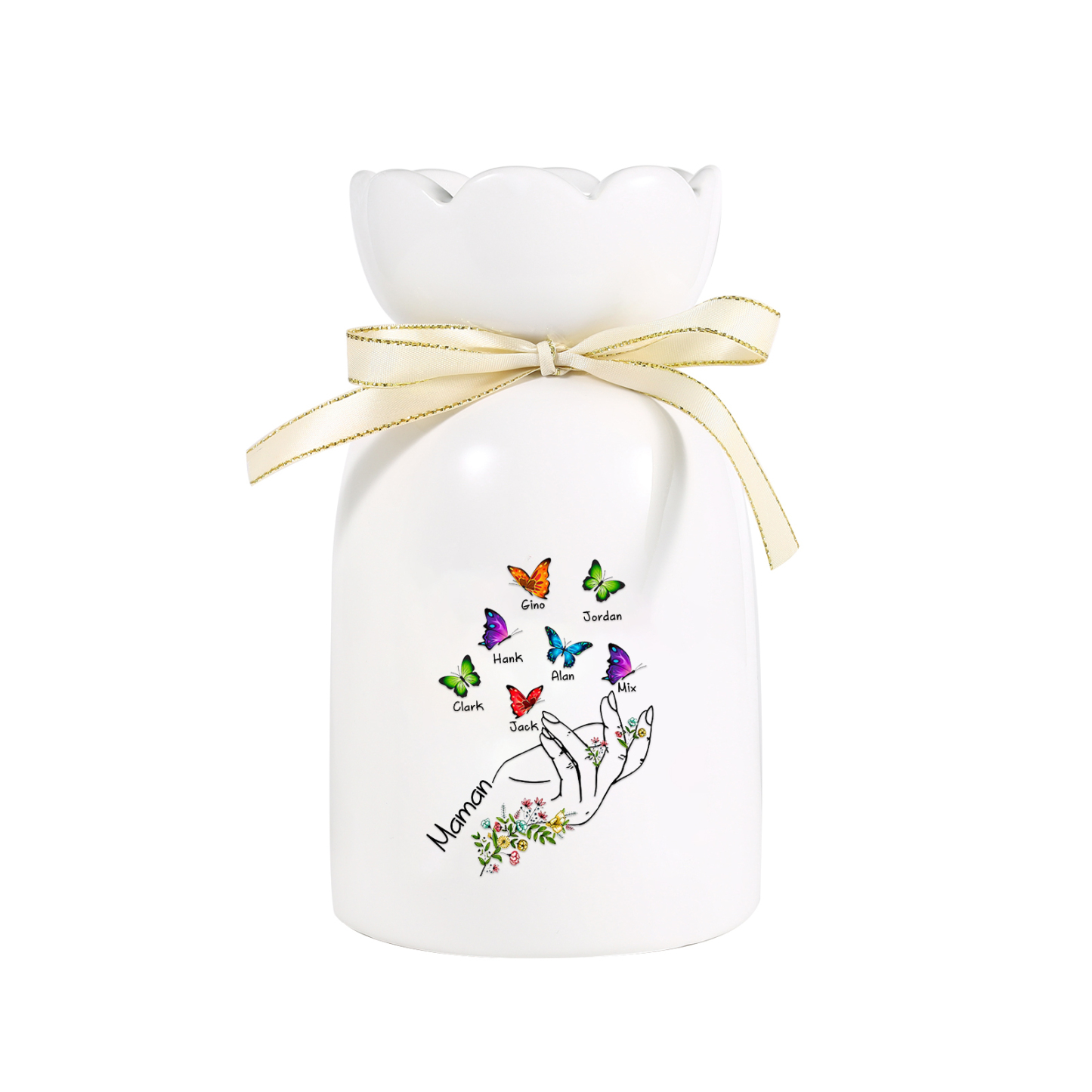 À Maman/Mamie - Vase en Céramique 2-8 Prénoms Personnalisés avec 1 Texte Vase Main et Papillon (sans fleurs) | Jessemade