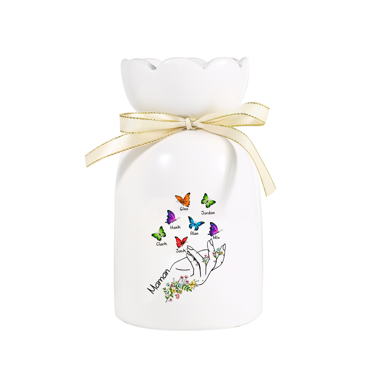 À Maman/Mamie - Vase en Céramique 2-8 Prénoms Personnalisés avec 1 Texte Vase Main et Papillon (sans fleurs) | Jessemade