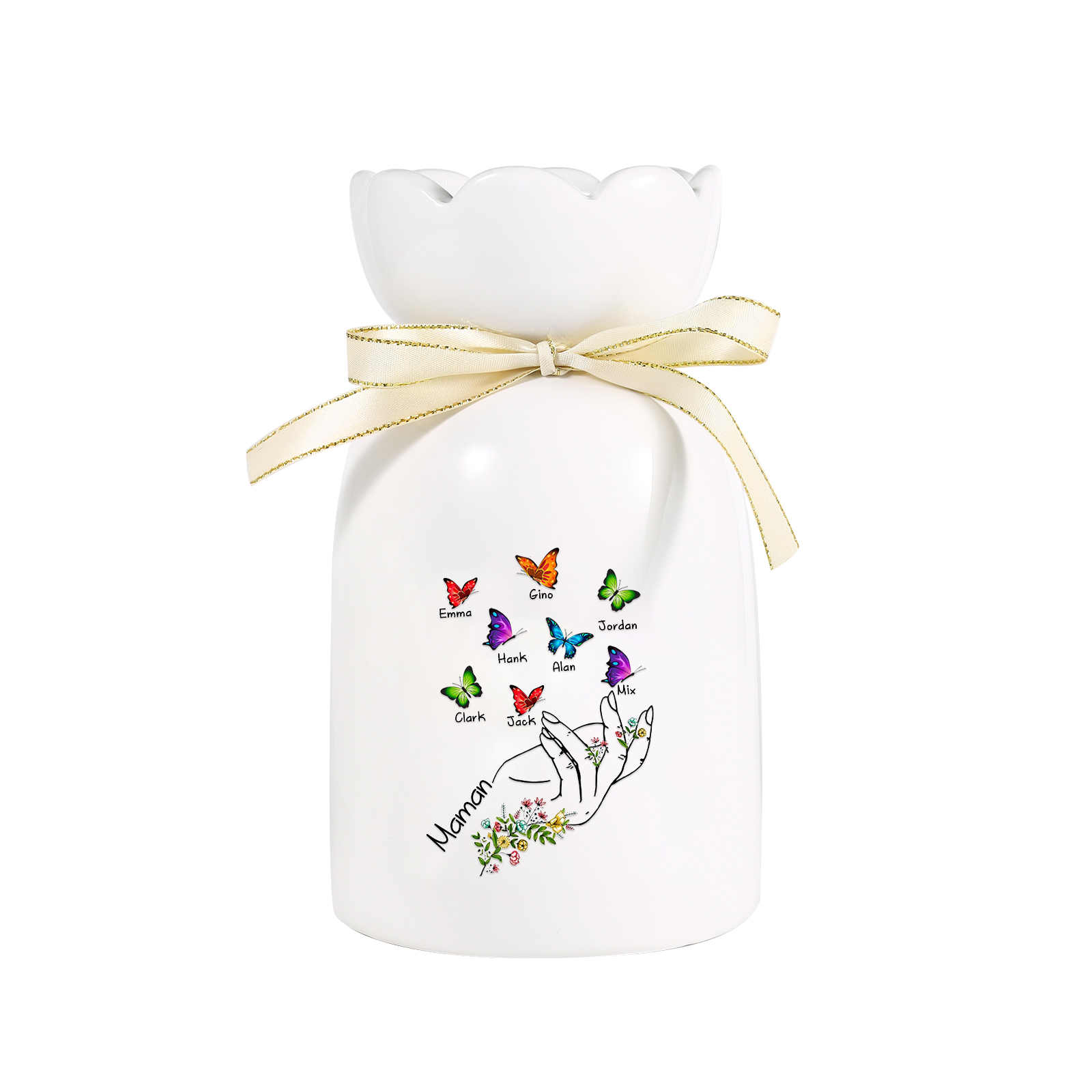 À Maman/Mamie - Vase en Céramique 2-8 Prénoms Personnalisés avec 1 Texte Vase Main et Papillon (sans fleurs) | Jessemade