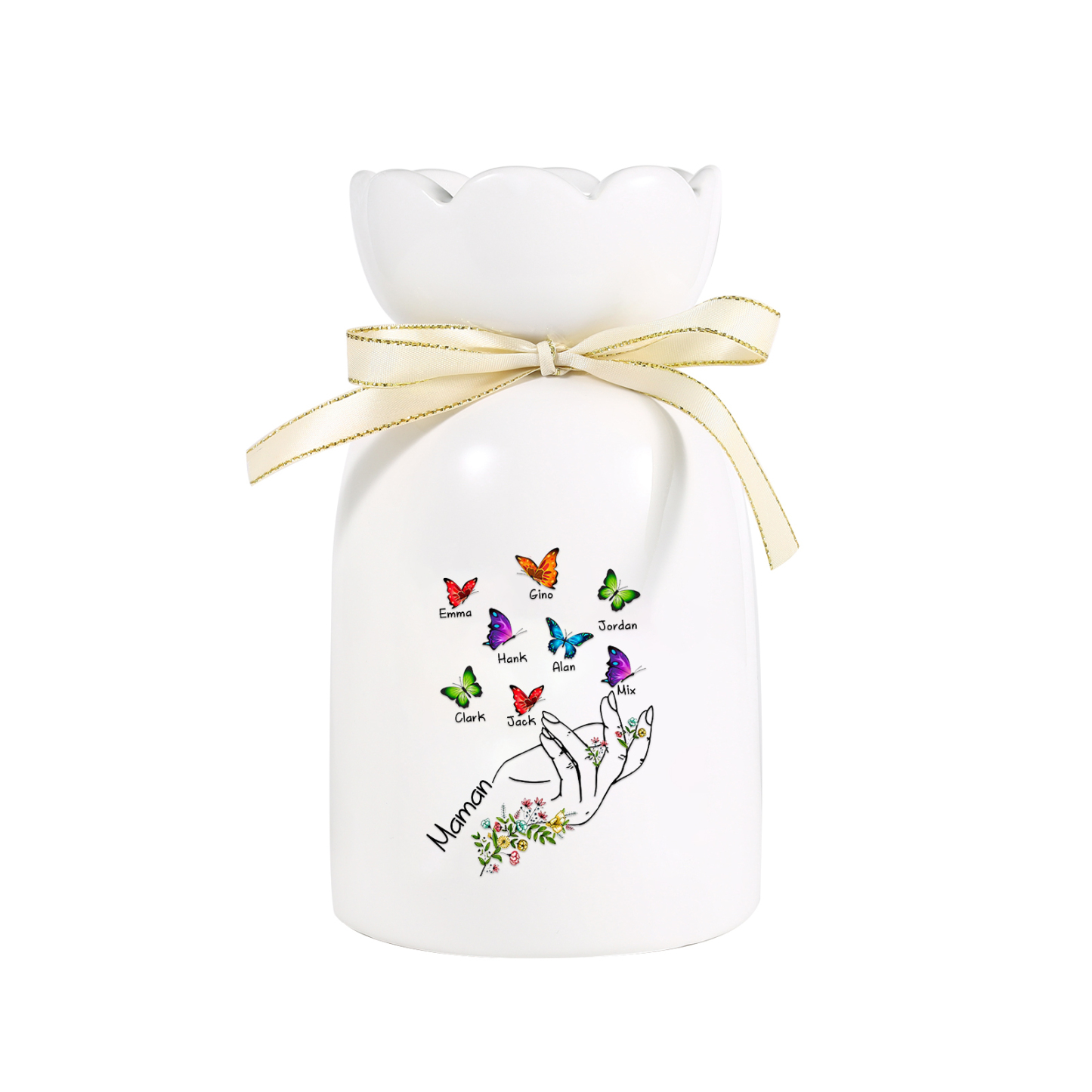 À Maman/Mamie - Vase en Céramique 2-8 Prénoms Personnalisés avec 1 Texte Vase Main et Papillon (sans fleurs) | Jessemade